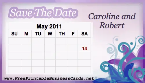 Purple Save the Date Card with calendar business card